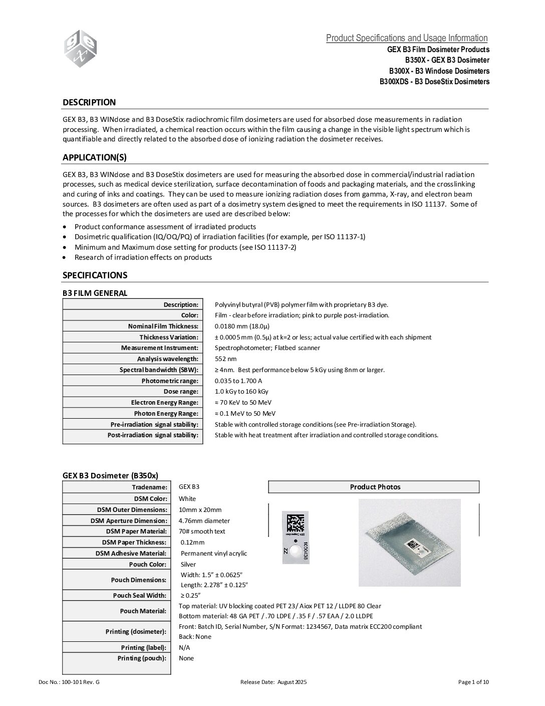 B3 dosimeter product specifications