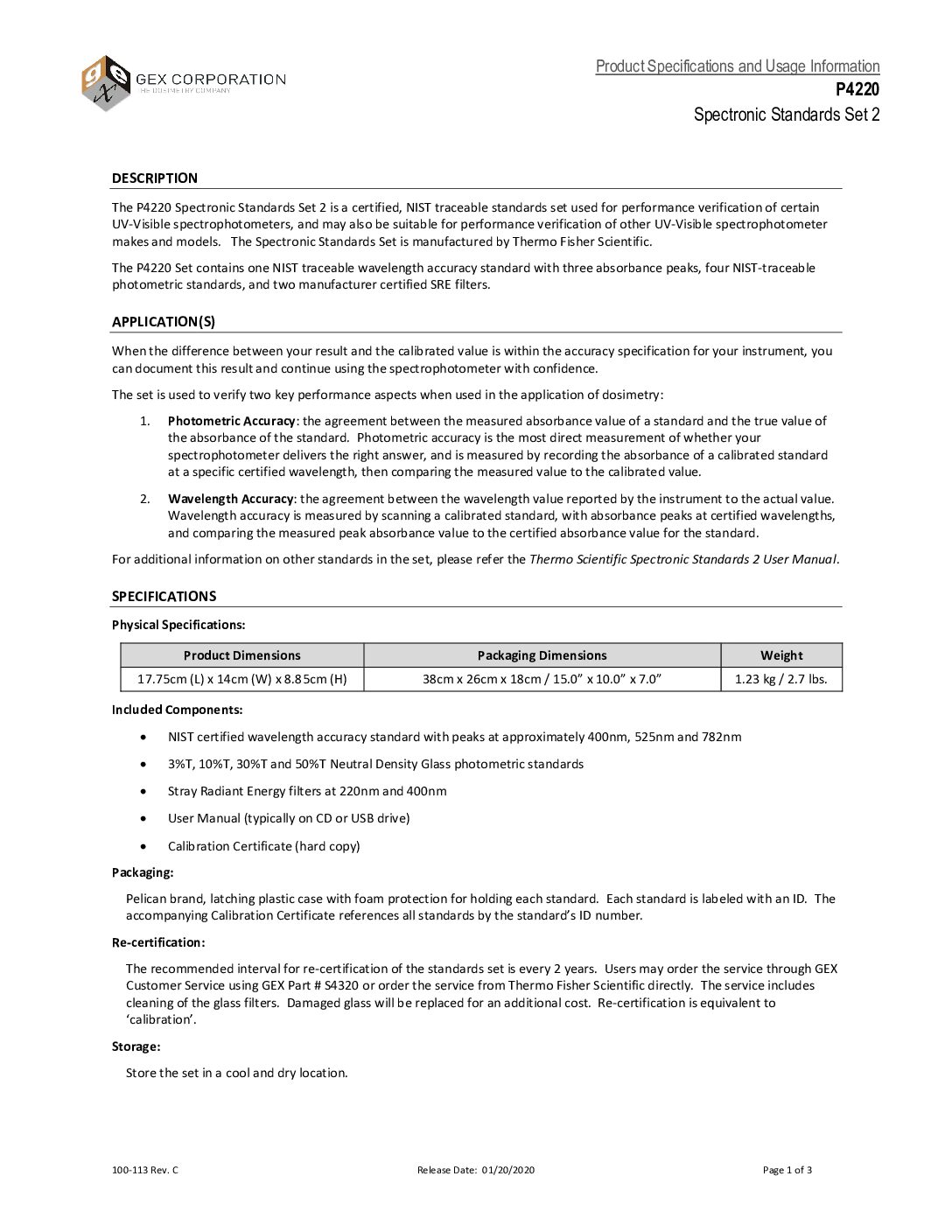 Spectrophotometer Calibration Standard Set with NIST traceability certificate