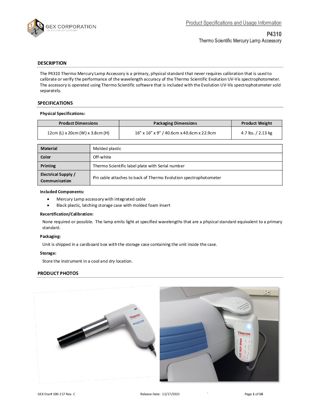 Mercury Lamp Accessory for Evolution Spectrophotometer