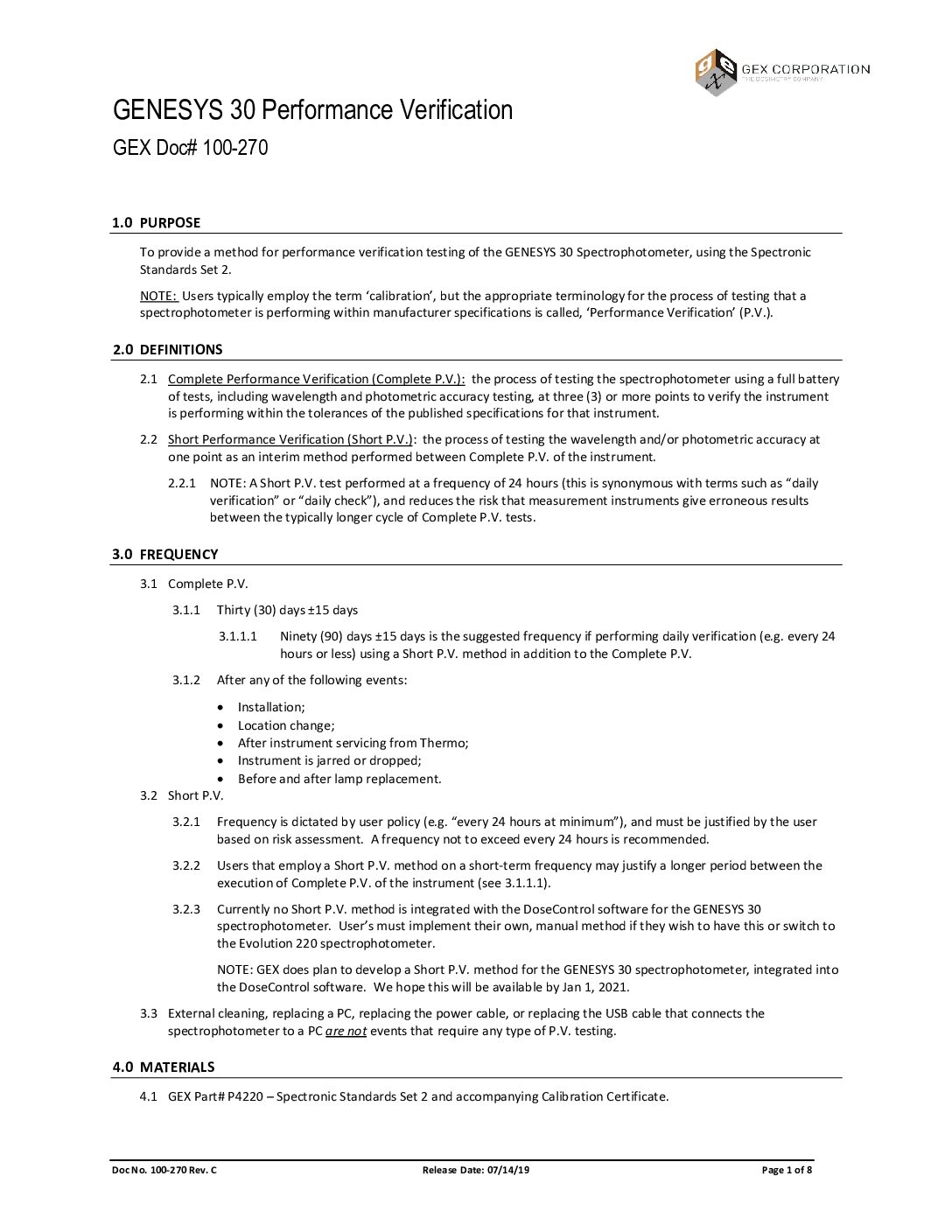 GENESYS 30 Spectrophotometer Performance Verification Procedure