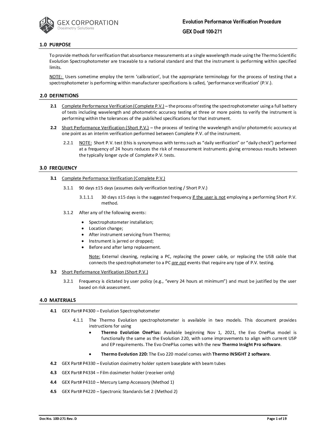 Evolution Spectrophotometer Performance Verification Procedure
