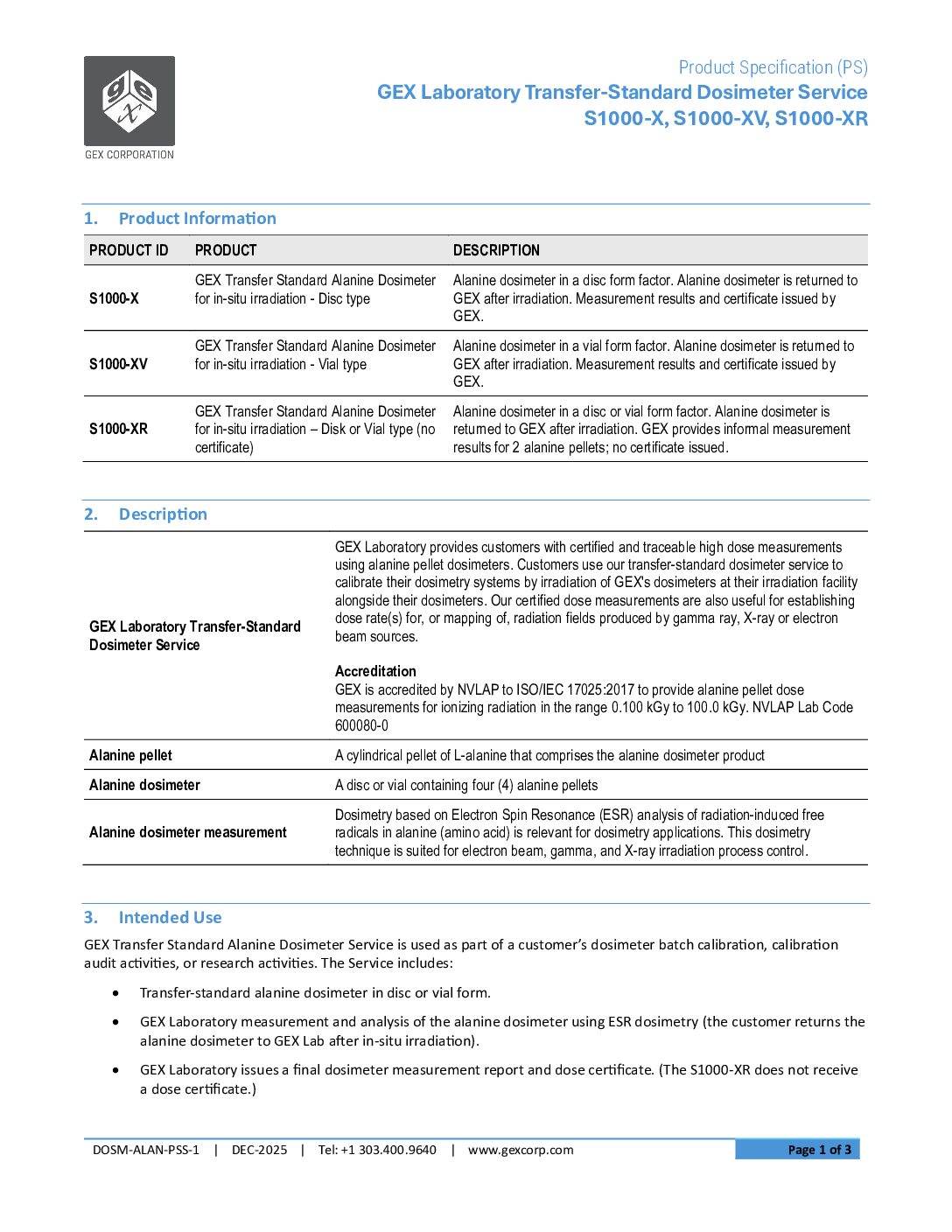 GEX Laboratory Transfer-Standard Dosimeter Service