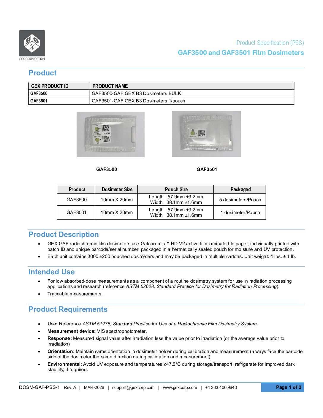 Gafchromic Film Dosimeter Product Sheet